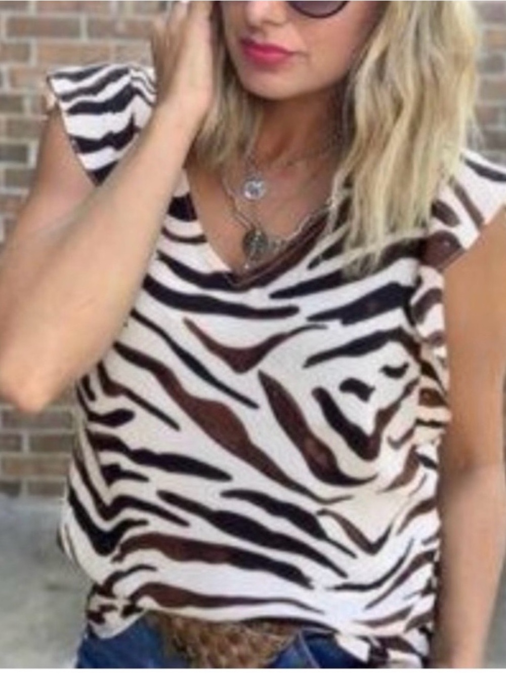 Cabi Flutter Sleeve Brown & Cream Zebra Print V-Neck Women’s Top Large L